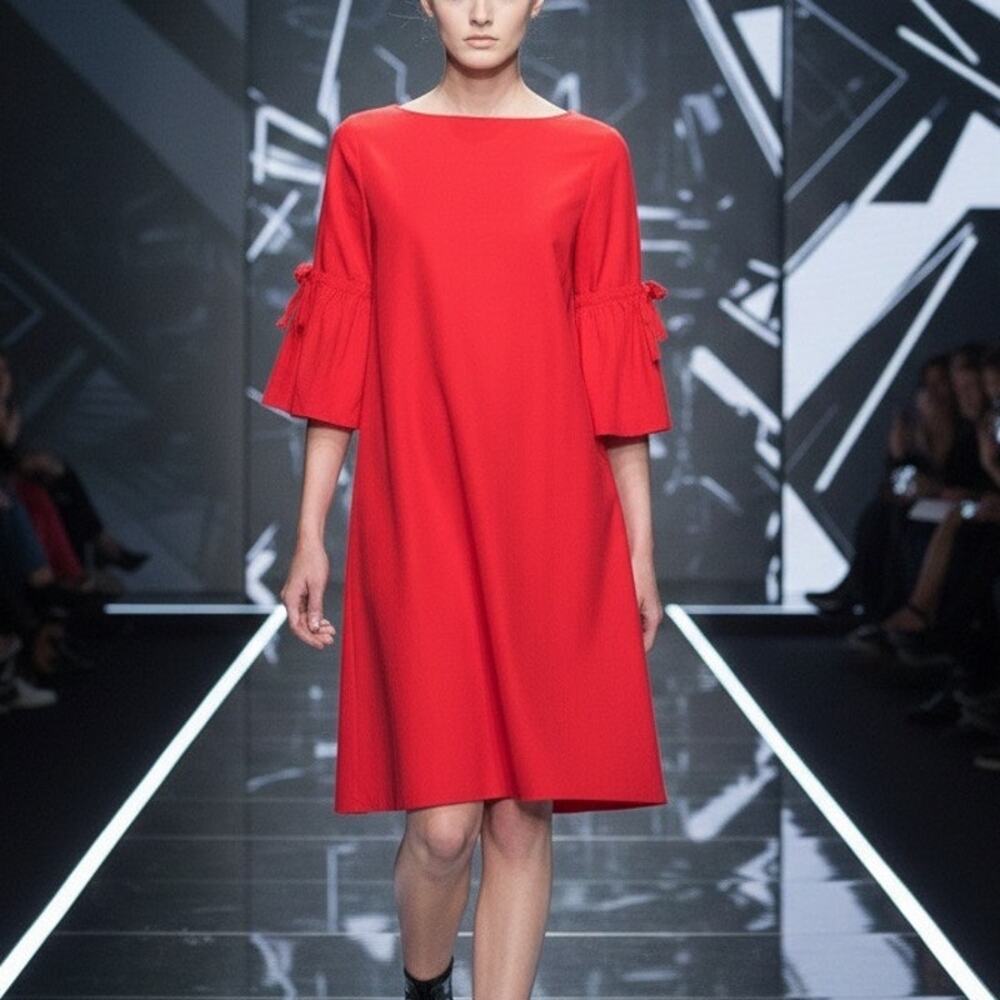 Red Cotton A-Line Trapeze Dress, Trumpet Sleeve, Zara Medium